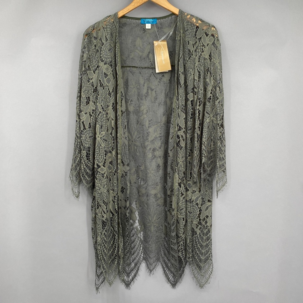 Francescas Buttons Lace Cardigan Topper Women L Green Eyelash Boho Forest Fairy